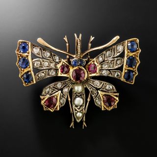 Victorian Ruby, Sapphire, Diamond and Pearl Butterfly Brooch - 2