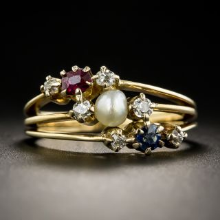Victorian Ruby Sapphire, Diamond and Pearl Ring - 1