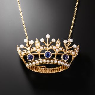 Victorian Sapphire and Seed Pearl Crown Pendant/Brooch - 2