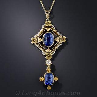 Victorian Sapphire, Diamond and Seed Pearl Pendant Necklace