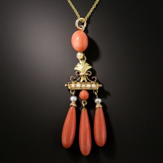 Victorian Seed Pearl and Coral Dangle Pendant - 3