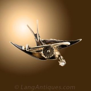Victorian Seed Pearl and Diamond Bird Brooch