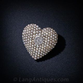 Victorian Seed Pearl and Diamond Heart Pin / Pendant