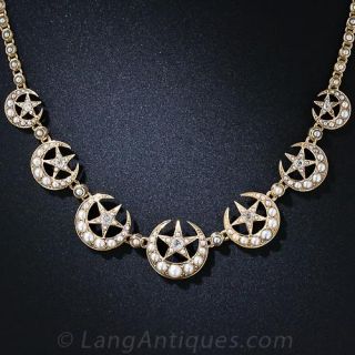 Victorian Seed Pearl and Diamond Star and Crescent Necklace 
