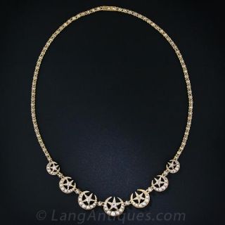 Victorian Seed Pearl and Diamond Star and Crescent Necklace 
