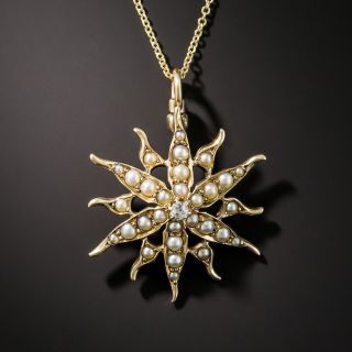 Victorian Seed Pearl and Diamond Starburst Pendant