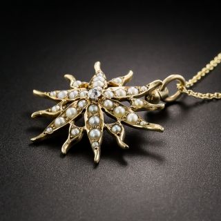 Victorian Seed Pearl and Diamond Starburst Pendant