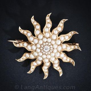 Victorian Seed Pearl and Diamond Starburst Pin
