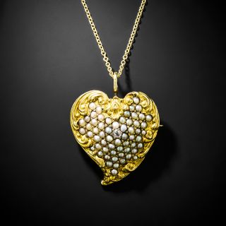 Victorian Seed Pearl and Diamond Witch's Heart Pendant/Brooch - 2