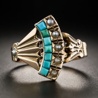 Victorian Seed Pearl and Turquoise Fan Ring