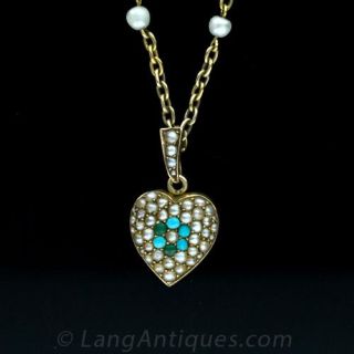 Victorian Seed Pearl and Turquoise Heart Pendant Main View