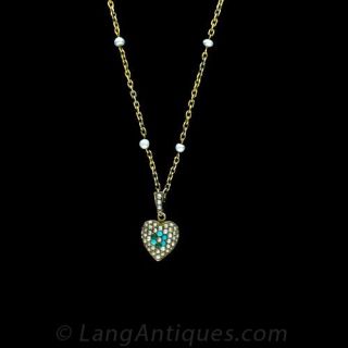 Victorian Seed Pearl and Turquoise Heart Pendant