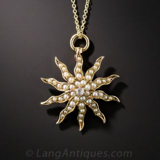 Victorian Seed Pearl Diamond Starburst Pendant