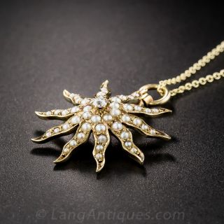Victorian Seed Pearl Diamond Starburst Pendant