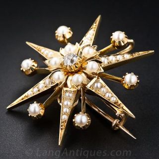 Victorian Starburst Seed Pearl and Diamond Pin/Pendant