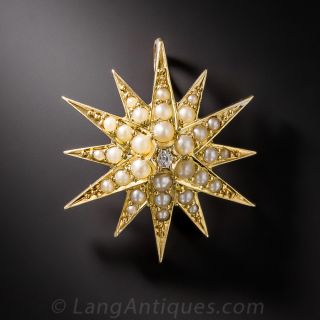 Victorian Starburst Seed Pearl and Diamond Pin