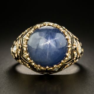 Victorian Style 14.92 Carat Star Sapphire, Diamond and Enamel Ring - 2