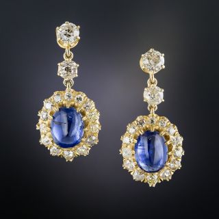 Victorian Style Cabochon Sapphire and Diamond Drop Earrings - 1