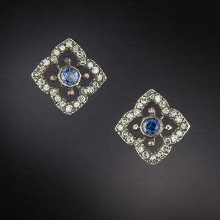 Victorian-Style Sapphire and Diamond Square Stud Earrings - 4