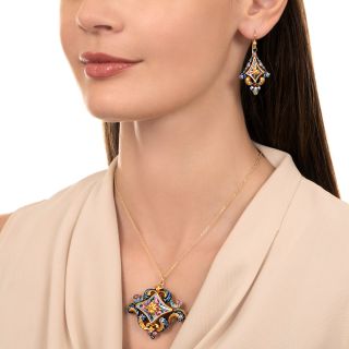 Victorian Swiss Enamel Earring and Pendant/Brooch Set