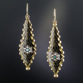 Victorian Swiss Enamel, Seed Pearl and Turquoise Earrings