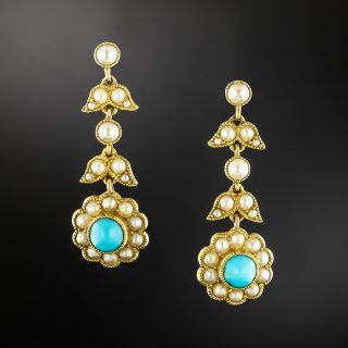 Victorian Turquoise and Natural Pearl and Drop Earrings - 2