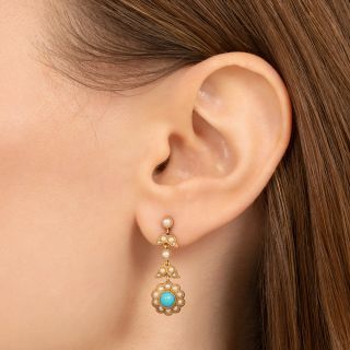 Victorian Turquoise and Natural Pearl and Drop Earrings