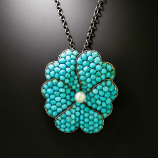Victorian Turquoise and Natural Pearl Pansy Pendant/Brooch  - 2