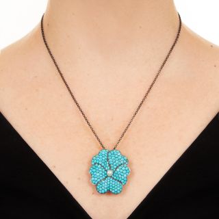 Victorian Turquoise and Natural Pearl Pansy Pendant/Brooch 