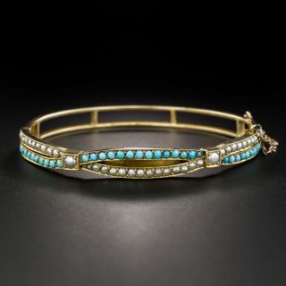 Victorian Turquoise and Seed Pearl Bangle Bracelet - 1