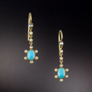 Victorian Turquoise and Seed Pearl Dangle Earrings - 1