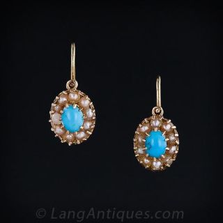Victorian Turquoise and Seed Pearl Earrings