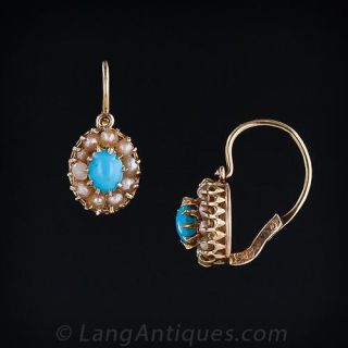 Victorian Turquoise and Seed Pearl Earrings