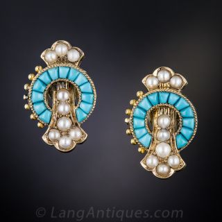 Victorian Turquoise and Seed Pearl Earrings