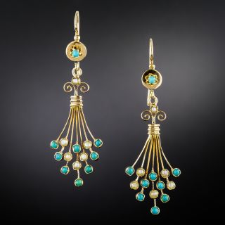 Victorian Turquoise and Seed Pearl Peacock Tail Earrings - 2