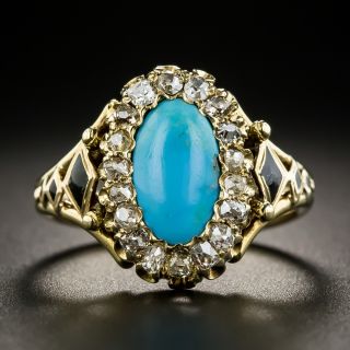 Victorian Turquoise Diamond Ring With Black Enamel  - 2