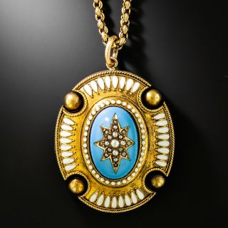 Victorian Turquoise Enamel and Natural Pearl Pendant - 2