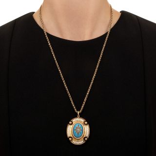 Victorian Turquoise Enamel and Natural Pearl Pendant