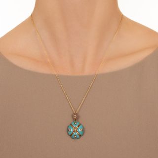 Victorian Turquoise Enamel and Pearl Locket Back Pendant
