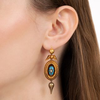 Victorian Turquoise Enamel and Seed Pearl Earrings