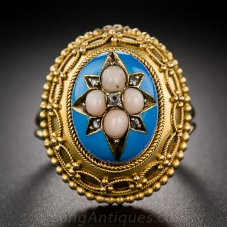 Victorian Turquoise Enamel, Coral and Diamond Ring