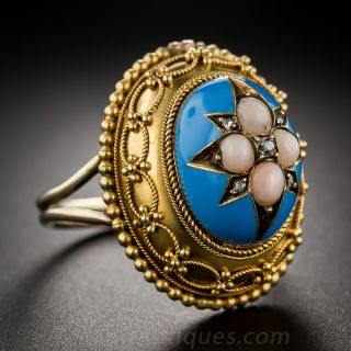 Victorian Turquoise Enamel, Coral and Diamond Ring