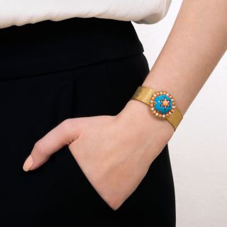 Victorian Turquoise, Enamel, Coral, and Natural Pearl Mesh Slide Bracelet