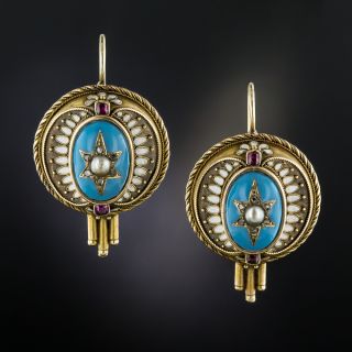 Victorian Turquoise Enamel Pearl Ruby Earrings - 2