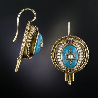 Victorian Turquoise Enamel Pearl Ruby Earrings