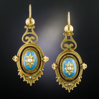 Victorian Turquoise Pearl and Enamel Drop Earrings