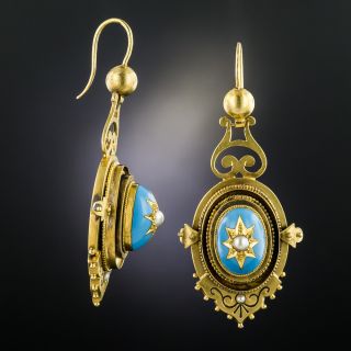 Victorian Turquoise Pearl and Enamel Drop Earrings