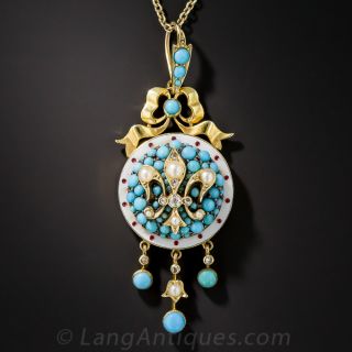 Victorian, Turquoise, Seed Pearl and Enamel, Fleur-de-Lis Necklace