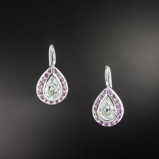 Vintage 1.45 Carat Pear Shaped Diamond And Pink Sapphire Earrings - 2