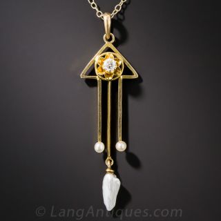 Vintage 14K Diamond and Pearl Pendant